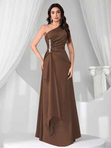 Coutiva Nuevo vestido elegante y esbelta de corte moderno con cuello de hombros oblicuos y sin mangas - Café integral - Ver 6