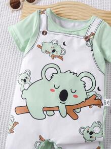 SHEIN Playful Pals Unisex Neugeborenen Baby Jungen Mädchen Outfit 2 in 1 Koala Muster Romper, geeignet für alle Anlässe im Sommer, niedlicher Koala Muster macht Baby noch süßer