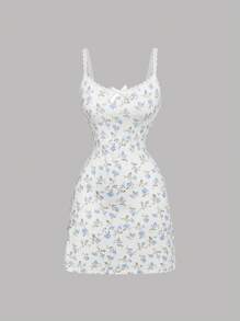 SHEIN MOD 女式碎花蕾丝边迷你针织连衣裙，夏季迷你连衣裙