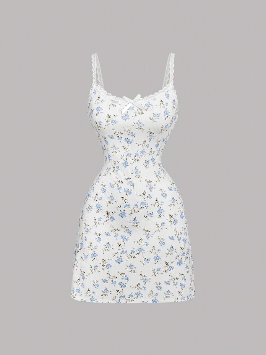 SHEIN MOD 女式碎花蕾丝边迷你针织连衣裙，夏季迷你连衣裙