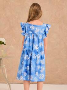 Maija Kids Vestido casual holgado con estampado floral y mangas con volantes para niñas preadolescentes - Azul - Ver 2