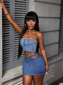 Slaydiva 女式镂空腰部拉链设计紧身牛仔裙 - 深色水洗藍 - 查看 1