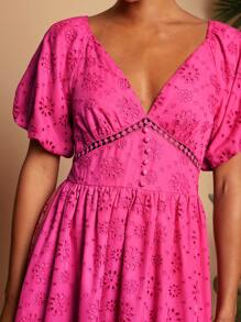 Travachic 女士纯色梭织短袖V领连衣裙 - 粉色 - 查看 1