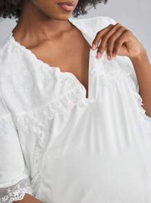 BloomMama Maternity Short Sleeve Nursing Pajama Set 2 Packs Summer Clothes With Lace&Button,Lounge Set Fashion Sleepwear - White - View 5