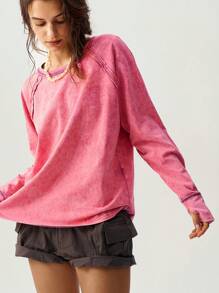 Bohemela 女士休闲纯色针织宽松圆领长袖 T 恤 - 紫色 - 查看 3