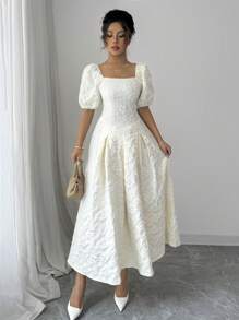 Chiquease Damen Strukturiertes Puffärmel Kleid in knöchellanger Länge