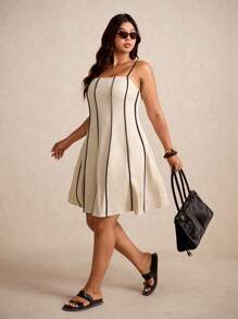 Elaquor 大码拼色装饰吊带裙 - 杏色 - 查看 5