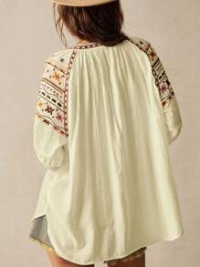 Bohemela Vacation Casual Retro Style Embroidered V-Neck Loose Women Blouse - Mustard Yellow - View 2