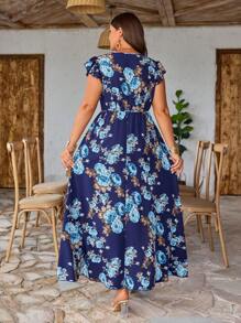 SHEIN LUNE 大码女式编织玫瑰印花休闲 V 领短袖腰系带不对称下摆长裙，春夏 - 彩色 - 查看 2