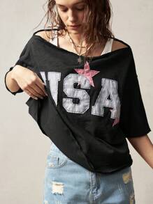 Bohemela 女式休闲字母贴花宽松大码T恤，夏季 - 黑色 - 查看 7
