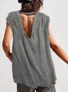 Bohemela 女士休闲纯色铆钉针织水洗宽松T恤，西部音乐节风格，夏季 - 灰色 - 查看 2