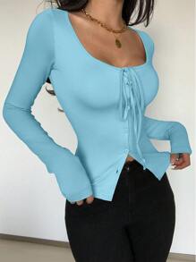Chiquease 性感纯色针织弹力高领系带长袖紧身纽扣装饰女式休闲 T 恤 - 淺藍色 - 查看 4