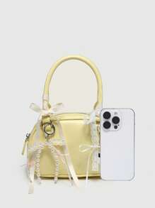 ROMWE Women's Cute Ballet Style Cherry Pearl Bow Decor Mini Handbag - Yellow - View 4