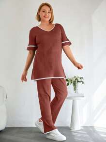 RueChic Cotton Plus Contrast Binding V Neck Short Sleeve T-Shirt+Pull On Pants 2 Pc Set - Redwood - View 4