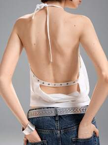 LYSMO Áo trễ vai cổ yếm buộc dây mùa hè mới 2025 dành cho nữ, thiết kế hở lưng, đính đinh tán, phong cách hot girl, táo bạo và tiên phong - trắng - Xem 2