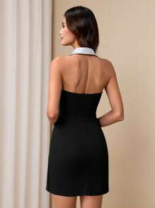 Chiquease Women's Elegant Patchwork Colorblock Wrap Around Sleeveless Dress - Black - View 2