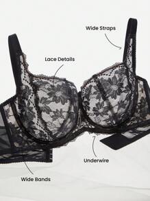 LUVLETTE 女士内衣休闲曲线全覆盖聚拢透气钢圈性感无衬里黑色蕾丝优雅网眼迷你文胸新娘内衣 - 黑色 - 查看 3