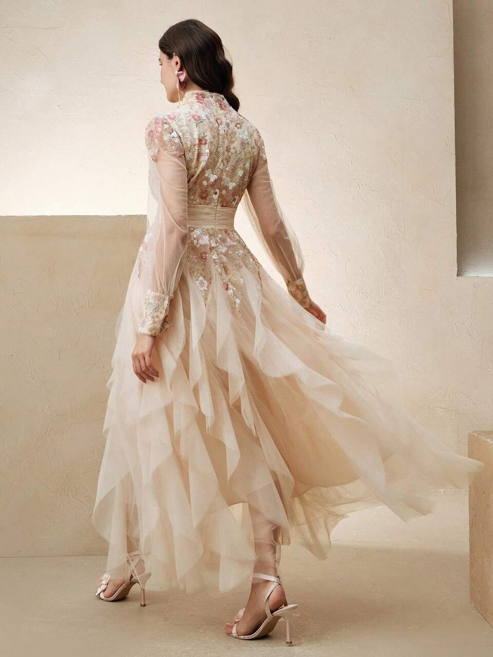 Women Elegant Colorful Embroidery Dress, Long Sleeve Patchwork Pleat Net Hem Party Wedding Guest Dress