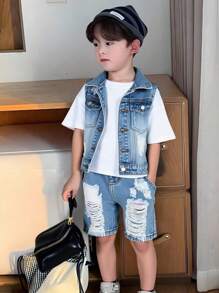 SHEIN Explorewe Young Boys Denim Two Pieces Outfits - Medium Wash - View 6