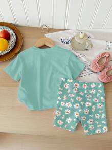 SHEIN Happikins Baby Girl Casual Minimalist Crew Neck Short Sleeve T-Shirt And Skinny Shorts Set, Suitable For Spring/Summer - Multicolor - View 2