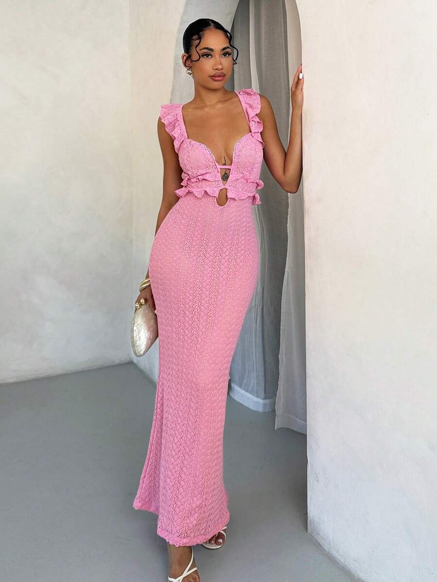 SHEIN BAE Sexy Hollow-Out Crochet Texture Ruffle Trim Backless Tie Maxi Fishtail Dress, Summer,Pastel Dresses For Women - Pink - View 1
