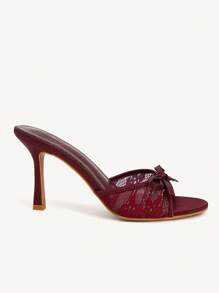CUCCOO CHICEST 女士酒红色缎面网眼蝴蝶结设计时尚圆头高跟穆勒鞋 - 酒紅色 - 查看 7