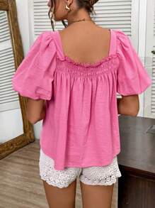 SHEIN LUNE ملابس علوية قطن كاجوال 100% بياقة مربعة وأكمام مكشكشة للنساء في الإجازة، قمصان صيفية كيوت للخروج، أنماط بوهيمية للخروج، قمصان صيفية كيوت للنساء، قمصان صيفية للنساء، قمصان قطن كتان للخروج للنساء، قمصان صيفية للنساء، قمصان حمراء للنساء في الصيف، قمصان للخروج للنساء في الصيف - روز أحمر - مشاهدة 4