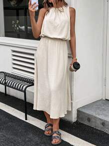 SHEIN LUNE 女士休闲纯色夏季户外日常基础款街头度假无袖上衣和半裙两件套，夏季女士休闲服装，女士度假服装，女士机场穿搭 - 卡其色 - 查看 5