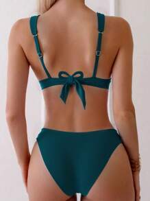 SHEIN Nuevo conjunto de bikini de 2 piezas de unicolor con tiras retorcidas y corte alto, trajes de baño para vacaciones en la playa para mujeres