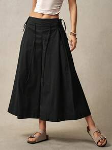 Bohemela 女度假高腰抽绳阔腿裤纯棉半身裙女长裙阔腿裙裤裙女半身裙 - 黑色 - 查看 9