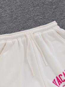 SHEIN 青少年女孩休闲针织字母印花短袖T恤上衣和短裤两件套度假装