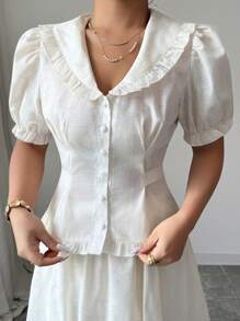 Elenzga 2 Stücke/Set einfarbige Bluse mit Knopfleiste und Kurzarmoberteil und Mini-Rock