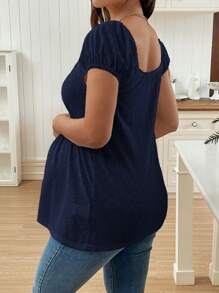 SHEIN Áo thun nữ mùa hè cổ vuông tay raglan trơn màu có họa tiết jacquard nhún bèo - Màu xanh hải quân - Xem 2