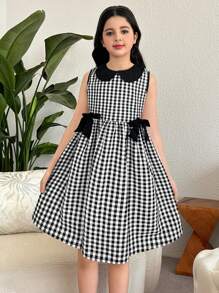 SHEIN Tween Girls' Casual Patchwork Peter Pan Collar Color Block Bow Decor Dress - Black - View 4
