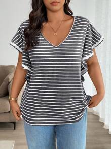SHEIN LUNE Plus Size Women's Casual Basic Vintage French Chic Striped Knit Sleeveless V-Neck Top, And Versatile Design, Suitable For Layering With Shirts, Jackets & T-Shirts - Black and White - View 4