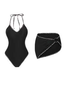 Swim SXY 女士性感、火辣、前卫豹纹随机露背设计带金属环连体泳衣或两件套，修身、青春洋溢，适合音乐节、泳池派对、春夏季 - 黑色 - 查看 4