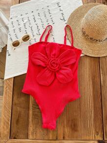 Tween-Mädchen Jumpsuit mit minimalistischem, rundem Ausschnitt, ärmelos und 3D Blumen Dekor - Rot - Übersicht 1