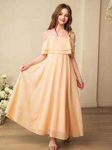 SHEIN Tween Girls' Elegant Summer Apricot Off Shoulder Chiffon Dress,Wedding Guest Formal High-Waist Long Soft Gown For Graduation,Wedding,Flower Girl Party - Apricot - View 3