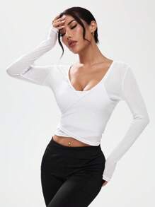 Solid V-Neck Sheer Long Sleeve Athletic T-Shirt, Summer - White - View 3