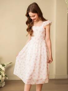 SHEIN Vestido largo de gasa sin mangas de cintura alta con estampado floral pequeño (tipo 'Ditsy') elegante para niña preadolescente, vestido de playa de verano rosa para niñas - Rosa - Ver 7