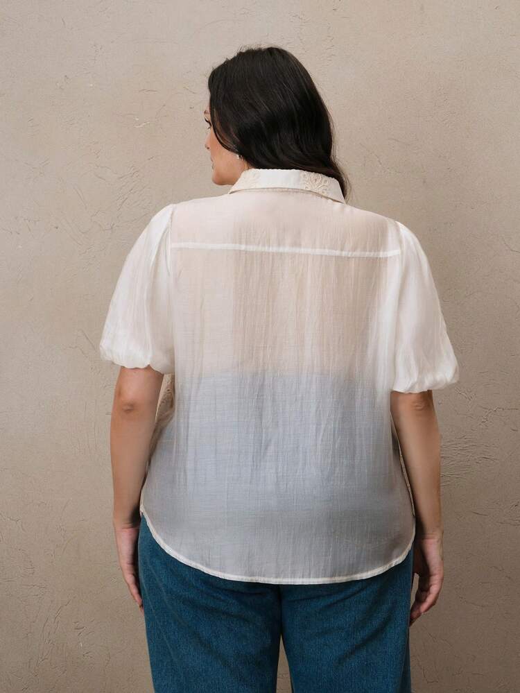 Plus Size Women Elegant Modern Fashion Delicate Semi-Sheer Embroidered Romantic Blouse, Suitable For Spring/Summer, Festival, Graduation