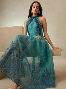 Anewsta New Summer Elegant Ruffle Spaghetti Strap Sleeveless A-Line Dress With Placement Print - Green - View 3