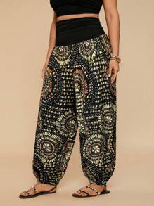 Travachic Plus Size Casual Bohemian Floral Print Wide Leg Elastic Waist Palazzo Pants For Women, Spring/Summer,Summer Pants