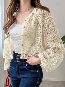 FRIFUL 女士蕾丝灯笼袖上衣，透视薄纱面料，适合毕业典礼、各种场合、度假 - 杏色 - 查看 1