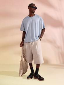 SUMWON 经典摩纳哥图案印花宽松版型 T 恤夏季休闲街头运动休闲宽松剪裁短袖 T 恤海滩俱乐部度假日常必备系列 - 霧霾藍 - 查看 5