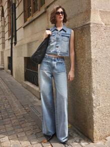 Ontre Women's Blue Denim Vest Box Vest Lapel Truncated Design Old Money Style Top
