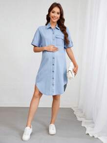 SHEIN Maternity Solid Color Front Button Asymmetrical Hem Short Sleeve Denim Dress - Light Wash - View 3