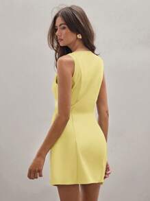 COSMINA Vestido casual de verano de mujer de mini longitud, de un solo botón, cuello redondo y sin mangas, de unicolor - Amarillo - Ver 2