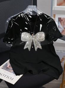 SHEIN 大码女式夏季精致蝴蝶结、铆钉和亮片装饰 T 恤 - 黑色 - 查看 4