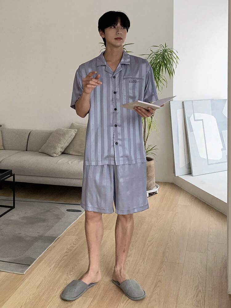 1 Set Summer Solid Grey Stripe Men's Pajama Set